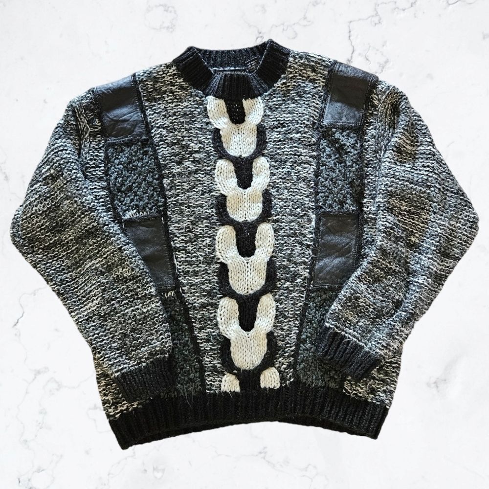 Vintage Street Scene 80s Black, White and Grey Leather Accent Fuzzy Sweater